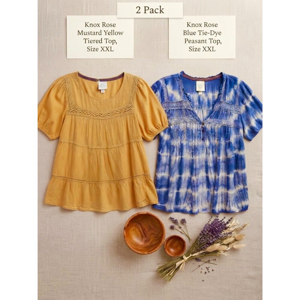 2 PACK LOT! Knox Rose Women's XXL Indigo Blue Tie-Dye & Gold Boho Romantic Top